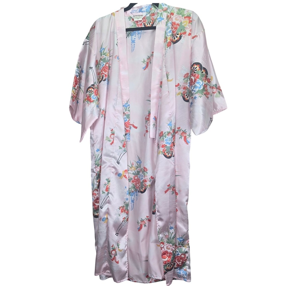 Ichiban‎ Kimono Robe Made in Japan Floral Print Pink Lounge Duster Asian Satin